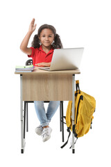 Sticker - African-American schoolgirl with laptop and raised hand sitting at school desk against white background