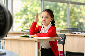 Cute schoolgirl during lesson in classroom