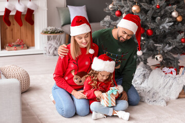 Young family with Christmas gift at home