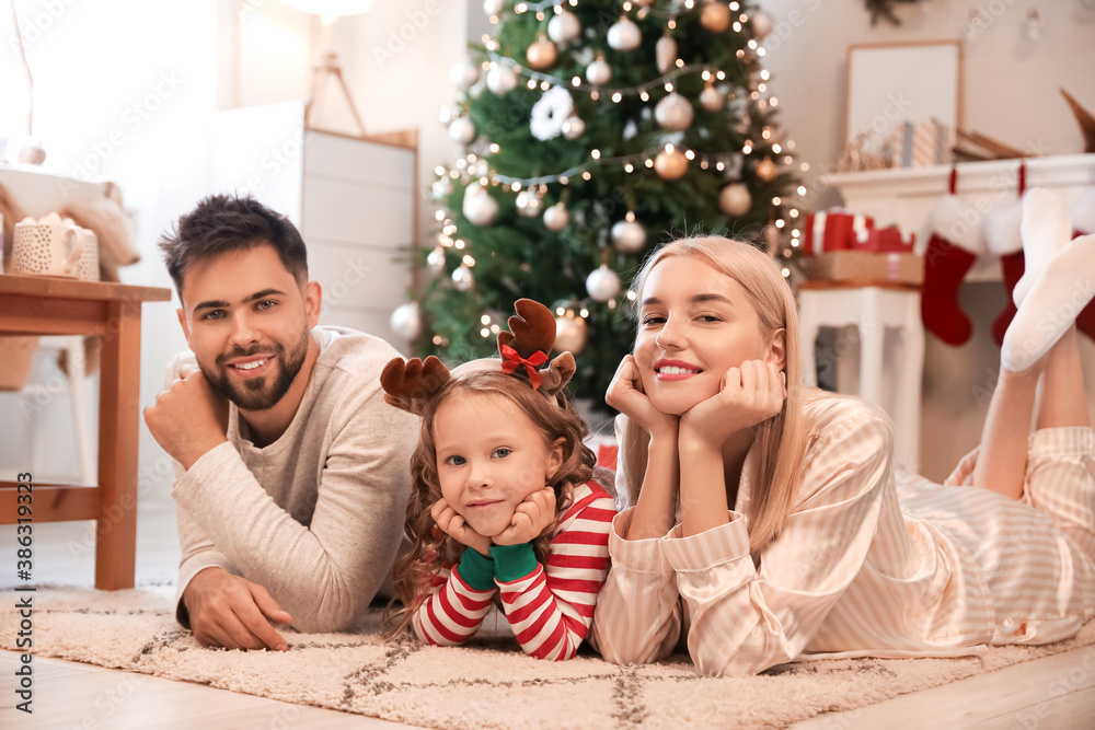 Young family at home on Christmas eve