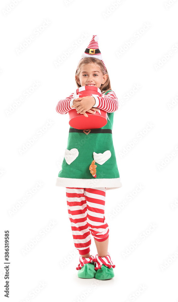 Cute little elf with Christmas gifts on white background