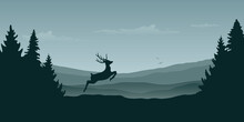 Wildlife Reindeer Mountain View In The Fog And Forest Landscape Vector Illustration EPS10