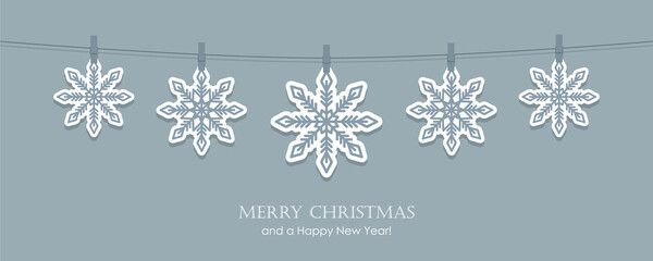 Wall Mural - grey christmas card with hanging snowflakes vector illustration eps10