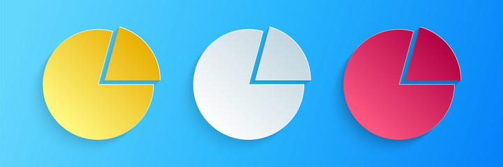 Leinwandbilder - Paper cut Pie chart infographic icon isolated on blue background. Presentation graph sign. Diagram chart sign. Market analytics symbol. Paper art style. Vector.