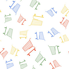 Poster - Color Shopping cart icon isolated seamless pattern on white background. Online buying concept. Delivery service sign. Supermarket basket symbol. Vector.