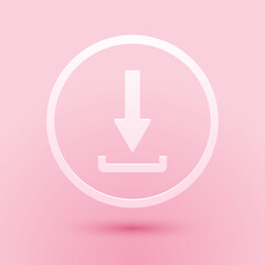 Poster - Paper cut Download icon isolated on pink background. Upload button. Load symbol. Arrow point to down. Paper art style. Vector.