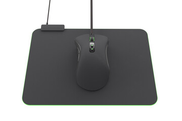 Modern gaming mouse on professional pad on white background with clipping path.