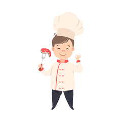 Sticker - Cute Boy Chef Cooking Meat Steak, Kid in Chef Uniform Cooking in Kitchen Cartoon Style Vector Illustration