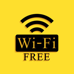Poster - Black Free Wi-fi icon isolated on yellow background. Wi-fi symbol. Wireless Network icon. Wi-fi zone. Long shadow style. Vector.