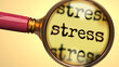 © GoodIdeas - Examine and study stress, showed as a magnify glass and word stress to symbolize process of analyzing, exploring, learning and taking a closer look at stress, 3d illustration