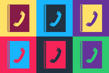 Poster - Pop art Phone book icon isolated on color background. Address book. Telephone directory. Vector.