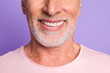 © deagreez - Cropped photo of pensioner old bristled man white beaming toothy smile wear pink t-shirt isolated purple color background
