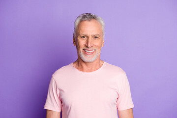 Poster - Close-up portrait of his he nice attractive cheerful cheery content grey-haired man wearing pink tshirt healthy life isolated over bright vivid shine vibrant lilac purple violet color background