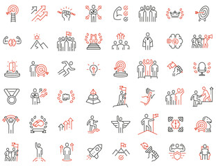 Vector Set of Linear Icons Related to Human Resource, Leadership Traits, Striving for Development, Career Progression and Self-Realization. Mono Line collection icons and Infographics Design Elements