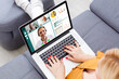 © Angelov - Headshot screen application view of diverse multiracial employees have work web conference using modern platform, smiling multiethnic colleagues talk speak online brainstorm on video call