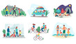 Family on summer vacation travelling, bicycling with kids, in airport, on beach and hiking, set of isolated vector illustrations. Parents and children cartoon characters on family vacation.