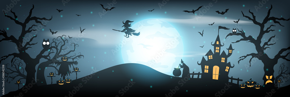 Happy Halloween background with pumpkin ghost, Haunted house with full ...
