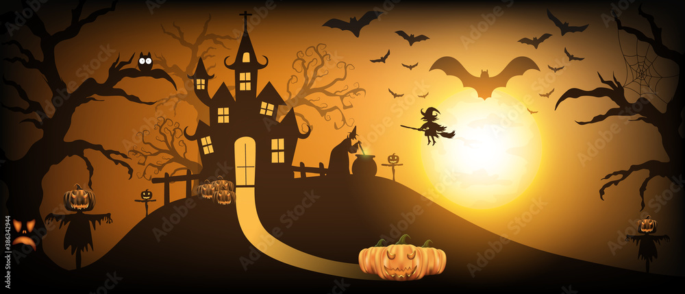 Happy Halloween background with pumpkin ghost, Haunted house with full ...