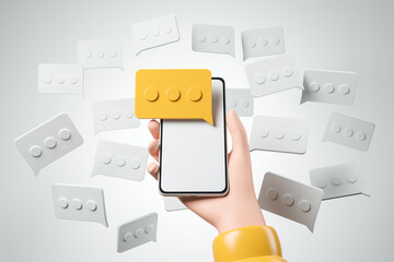 Cartoon hand holding  smartphone with yellow message cloud box and falling white cloud boxes on the background.