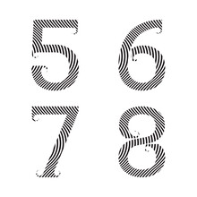 Five, Six, Seven, Eight Striped Numbers With Flourishes. Font Of Zebra Pattern.