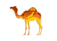 Camel Silhouette With Sahara Desert Landscape, Lizard, Caravan Inside, Vector Illustration In Paper Art Style. Beauty Of Nature. Save Animals, Protect Wildlife. Travel, Adventure. Multiple Exposure.
