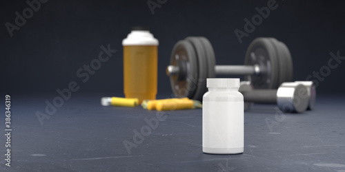Supplement and gym and fitness workout equipment. Sport lifting bodybuilding concept with vitamins background. Body supplements copy space black  template. 3d rendering.