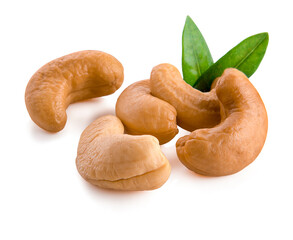 Wall Mural - Roasted cashew nuts with green leaves isolated on white background. Macro, studio shot