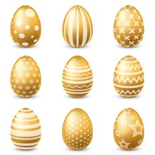 Golden Easter Eggs. Traditional Festive Gold Egg With Ornamental Pattern, Decorative Spring Decoration Element With Glitter, Holiday Set For Postcard Poster And Banners 3d Vector Set