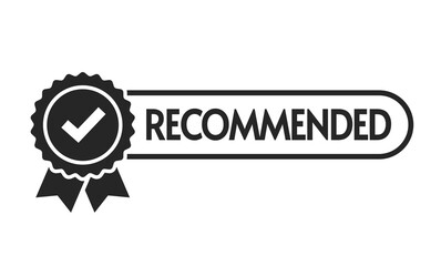 Recommended icon vector, black and white recommendation rosette stamp with check mark tick, trusted or assurance label badge pictogram isolated