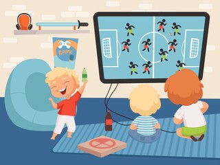 Poster - Boy gamers. Little men playing video games. Cute cartoon happy baby with lemonade bottle in living room interior vector illustration. Gamer gaming in video, player young with controller