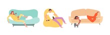 People With Pets. Woman On Sofa With Kitten, Boy On Chair With Turtle. Lazy Teens With Gadgets Vector Illustration. Woman With Kitten, Man On Sofa Interior