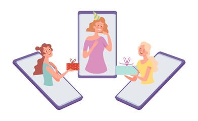 Poster - online birthday party. girls congratulate friend, internet communication. female gives gifts vector 