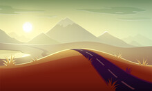 Evening Landscape Panorama With Sunshine Of Sunset, Mountains, Sky With Sun And Clouds, Road And Lake. Illustration.