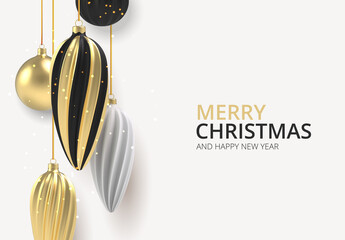 Wall Mural - Xmas background Gold and black Christmas ball in realistic style on white background. Vector illustration.