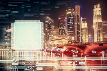 Fototapete - Data theme hologram drawing on city view with skyscrapers background multi exposure. Ai concept.