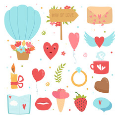 Wall Mural - Love concept icons. Romance symbols marriage flowers hearts envelope cake vector flat pictures collection. Illustration romance elements and heart, expression love romantic