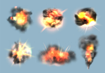 Wall Mural - Dynamite exploded effects. Realistic bomb explosion with fire and smoke clouds vector collection. Dynamite bang and boom, energy explosion illustration animation