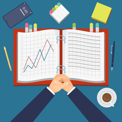 Poster - Financial performance. Work diary with graphs top view, investment project. Businessman at work vector illustration. Table work with coffee and book chart financial