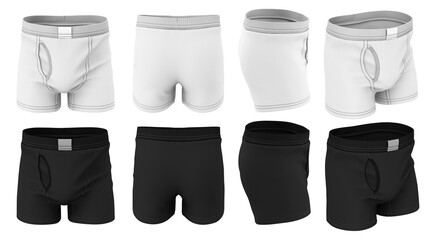 Wall Mural - Mock-up of mens black and white underpants isolated on white background. Front, side and back views. Template clothes, underwear.