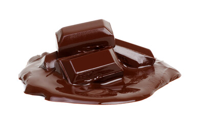 Wall Mural - Melting piece of dark chocolate bar on white