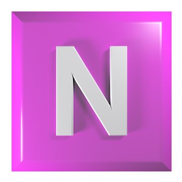 Pink square push button with the alphabetic letter N - 3D rendering illustration