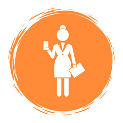 Poster - White simplified silhouette of businesswoman with case and smartphone on orange round background. Logo template for website. Confident domineering woman in an orange circle. Flat vector on white