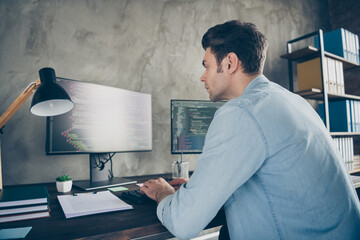 Wall Mural - Back rear spine view photo of focused guy it specialist sit desk top typing code testing web site data work computer look screen in modern office workstation