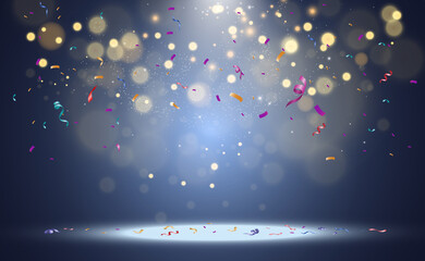 lots of colorful tiny confetti and ribbons on transparent background. festive event and party. multi
