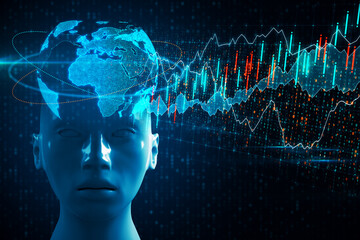 Poster - Abstract robot head with digital earth and stock charts hologram.