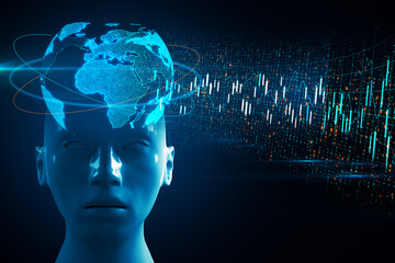 Poster - Robot head with digital earth and  stock charts
