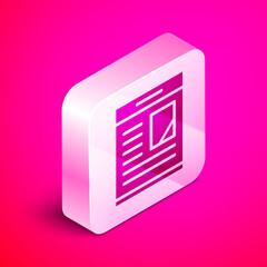 Sticker - Isometric Newspaper advertisement displaying obituaries icon isolated on pink background. Silver square button. Vector.