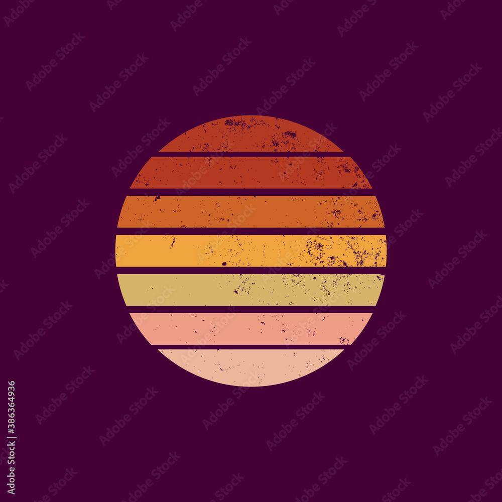 Retro sunset in 80-90s style with grunge texture. Graphic silhouette of the sun on a dark isolated background. Yellow-orange colored gradient. Vintage style for logo icons, templates, poster. Vector. - obrazy, fototapety, plakaty 