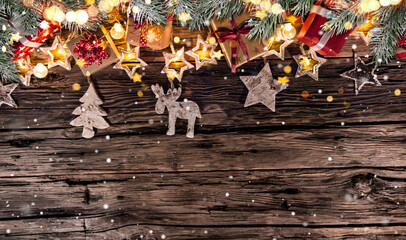 Wall Mural - Christmas decoration on wooden background, lots of copy space for your product or text.