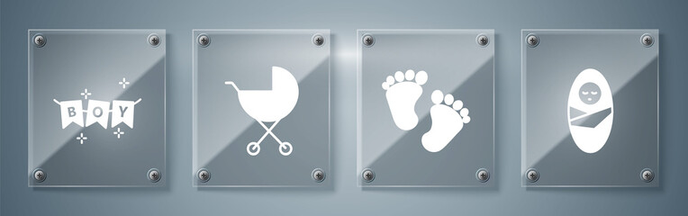 Poster - Set Newborn baby infant swaddled, Baby footprints, Baby stroller and Carnival garland with flags. Square glass panels. Vector.